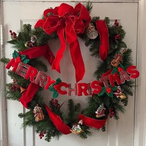 Giant 30” Red Christmas Wreath with Bow and Ornaments. Quilted Merry Christmas